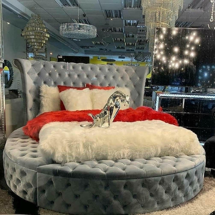 Circular Bed Silver Grey Tufted Wingback Hollywood Glam Oversized