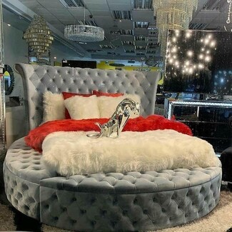 Circular Bed Silver Grey Tufted Wingback Hollywood Glam Oversized