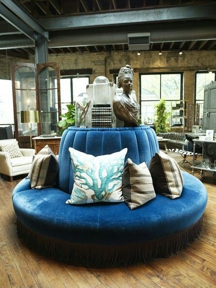 Circular Sofa with Fringe Trim and Sapphire Blue Velvet