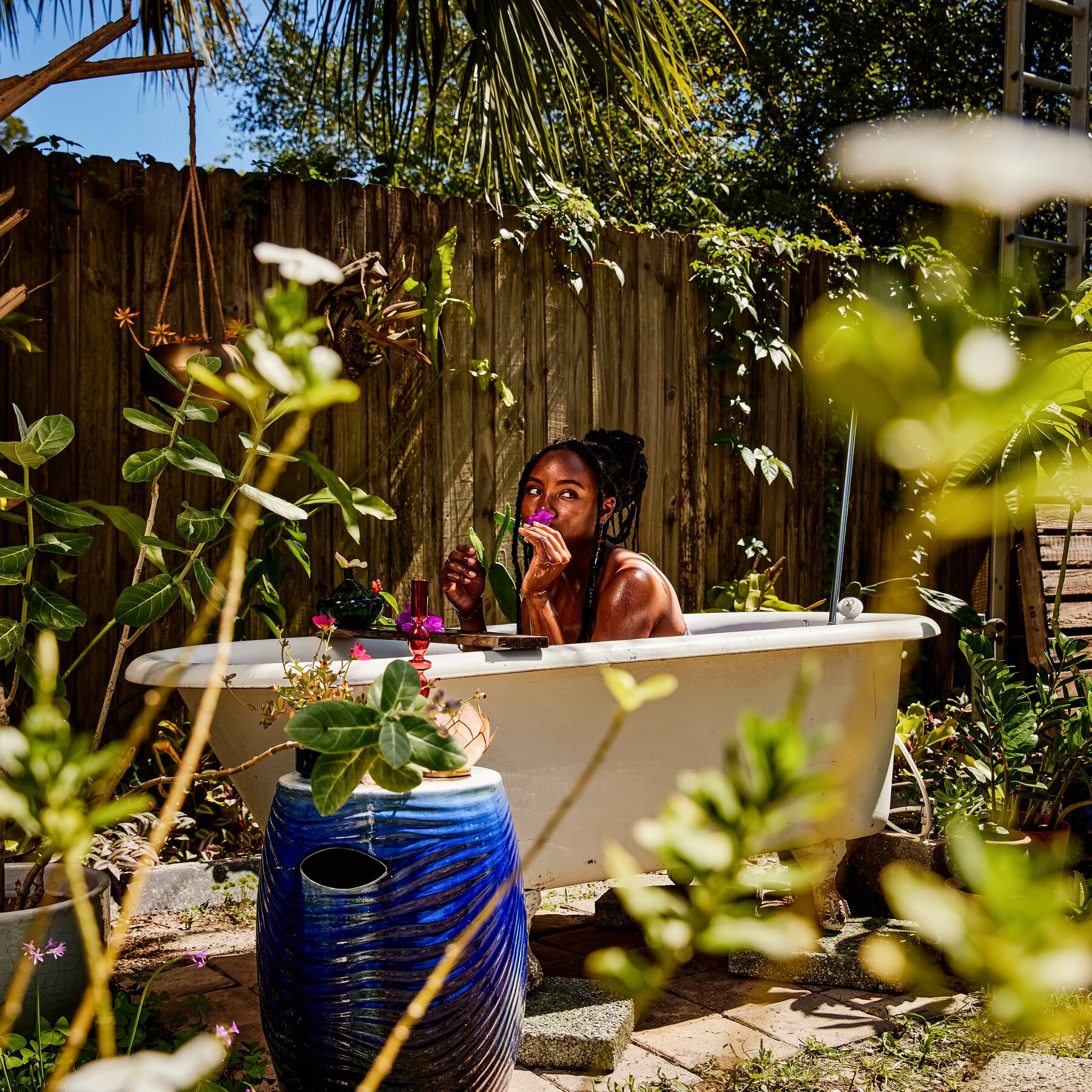 Clawfoot Bathtub: Cobalt Blue Stool for Bohemian Garden Spa Ideas