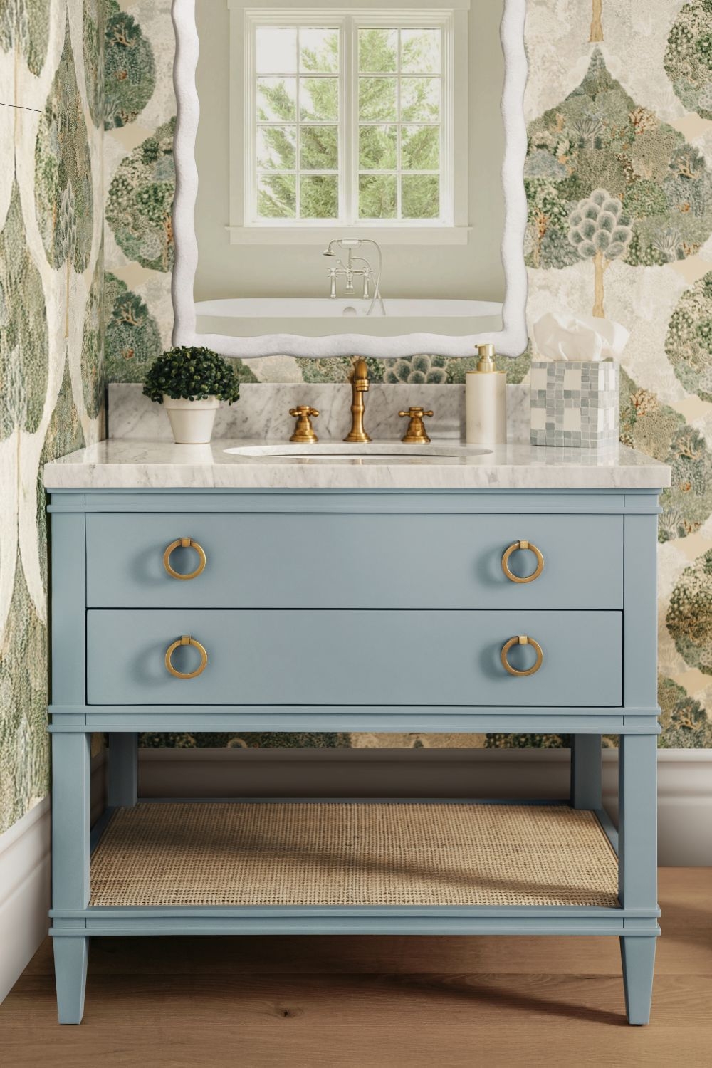 Coastal Bathroom Vanity: Matte Light Blue with Woven Shelf