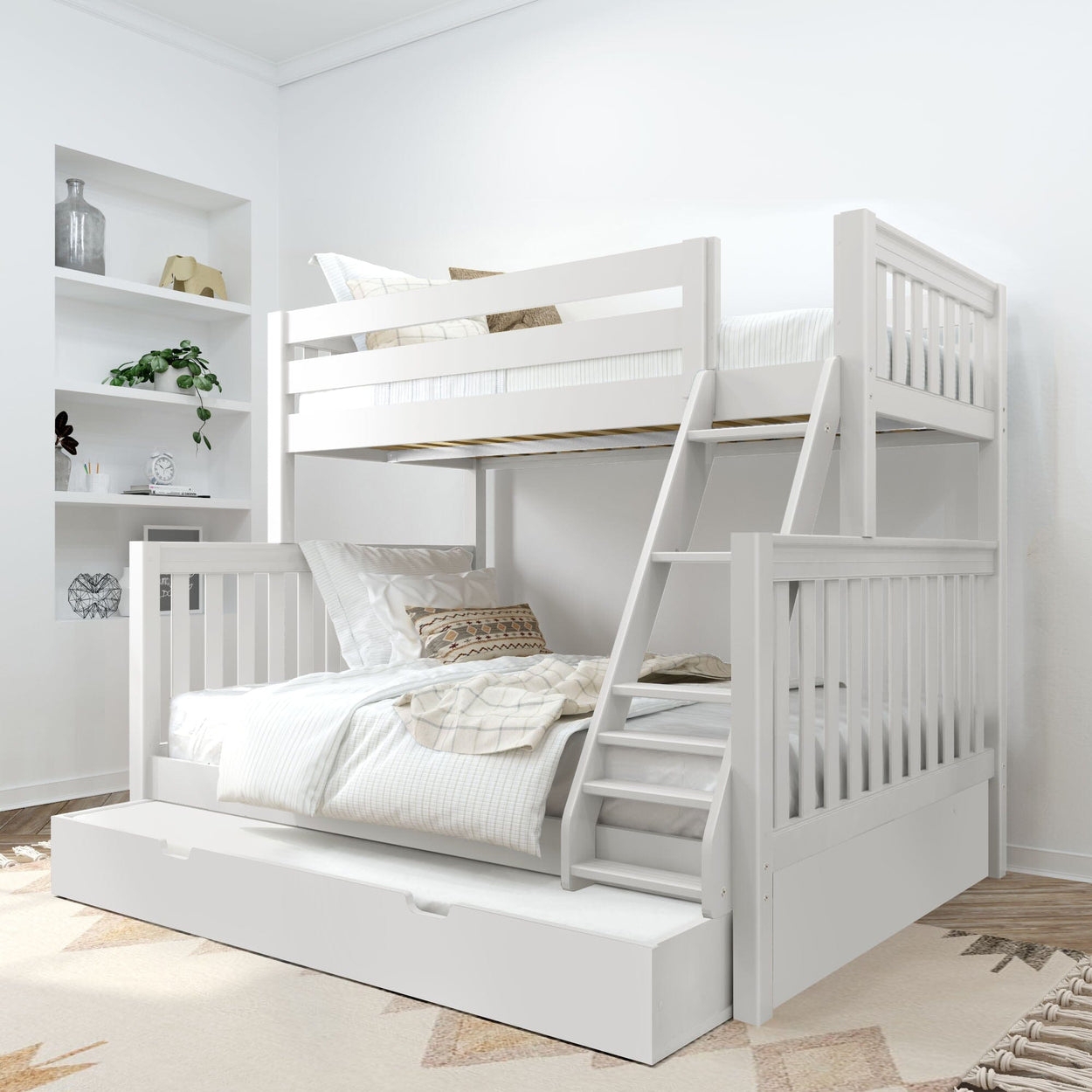 Coastal White Bunk Bed with Trundle, Angled Safety Ladder