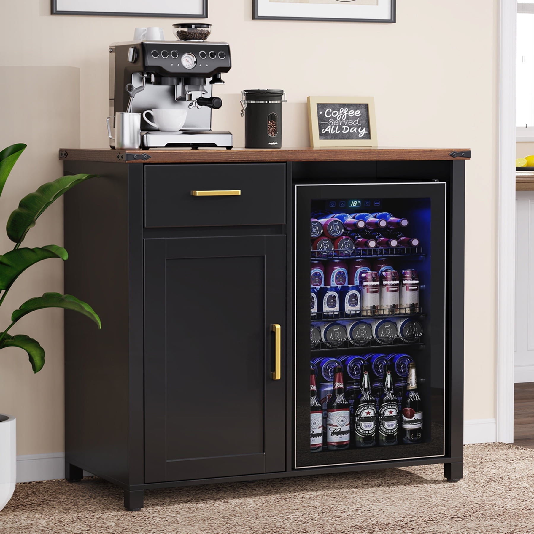 Coffee Bar Cabinet featuring Gold Accents and Storage Drawer