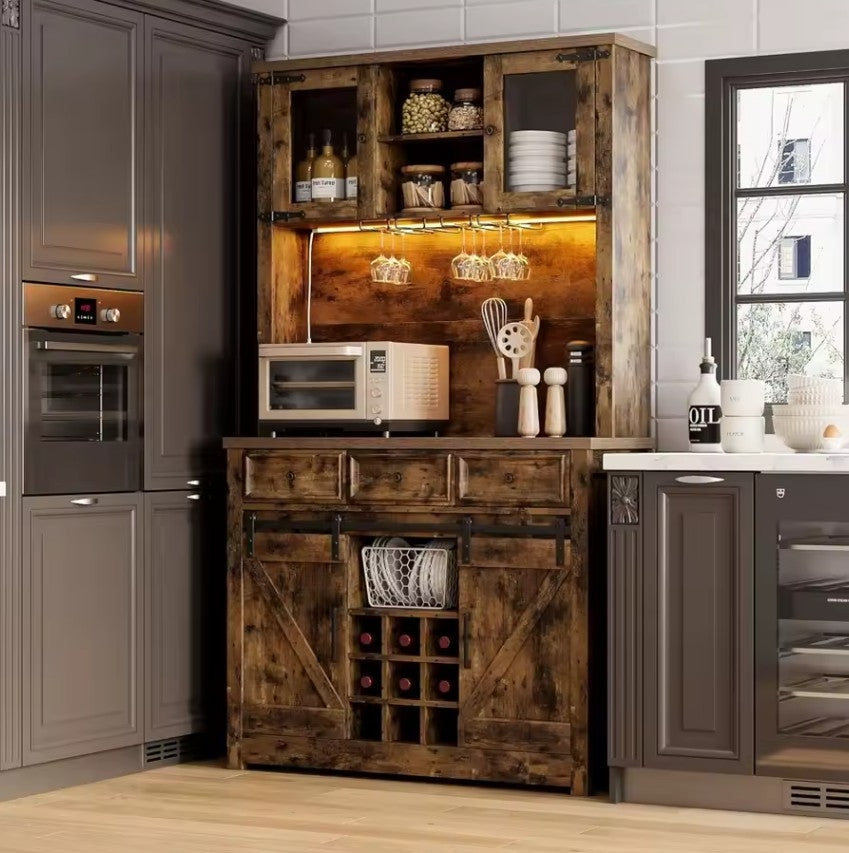 Coffee Bar Cabinet with Sliding Barn Doors and LED Lights