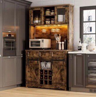 Coffee Bar Cabinet with Sliding Barn Doors and LED Lights