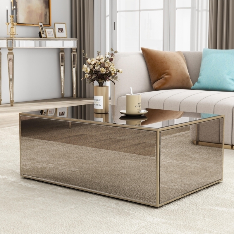 Coffee Table: Antique Mirror Gold Trim Rectangular Plinth