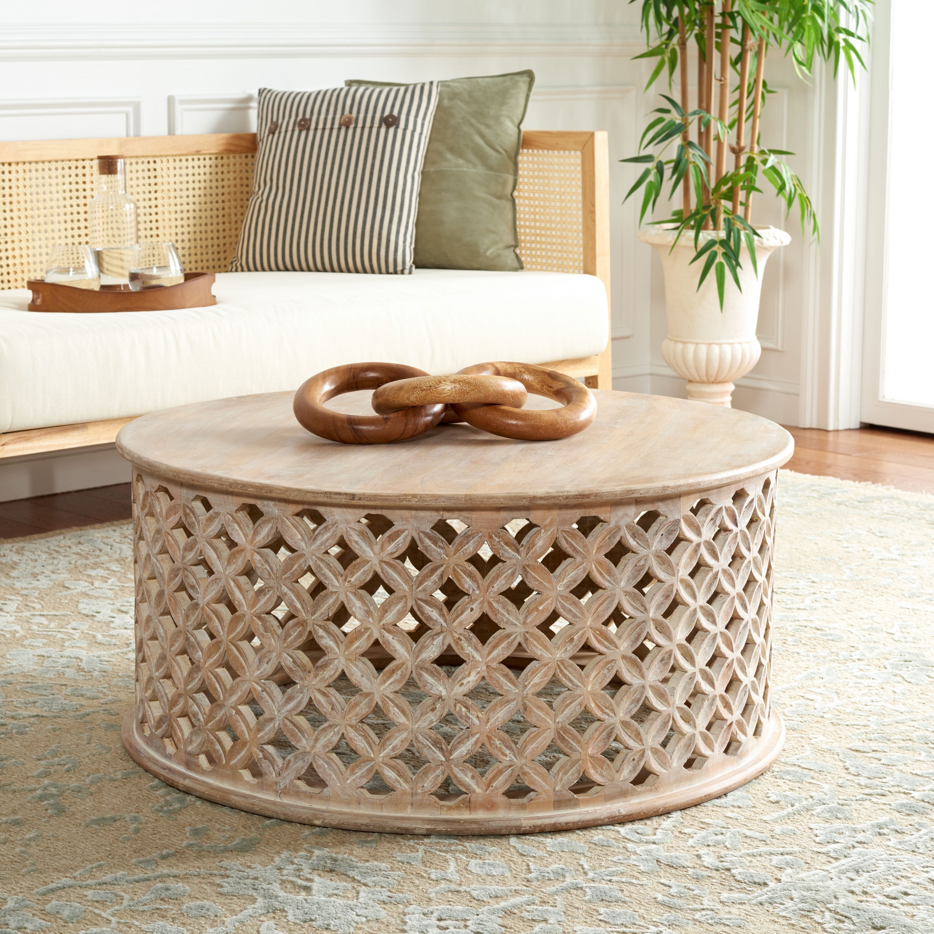 Coffee Table Cylindrical Drum with Cutout Lattice Base