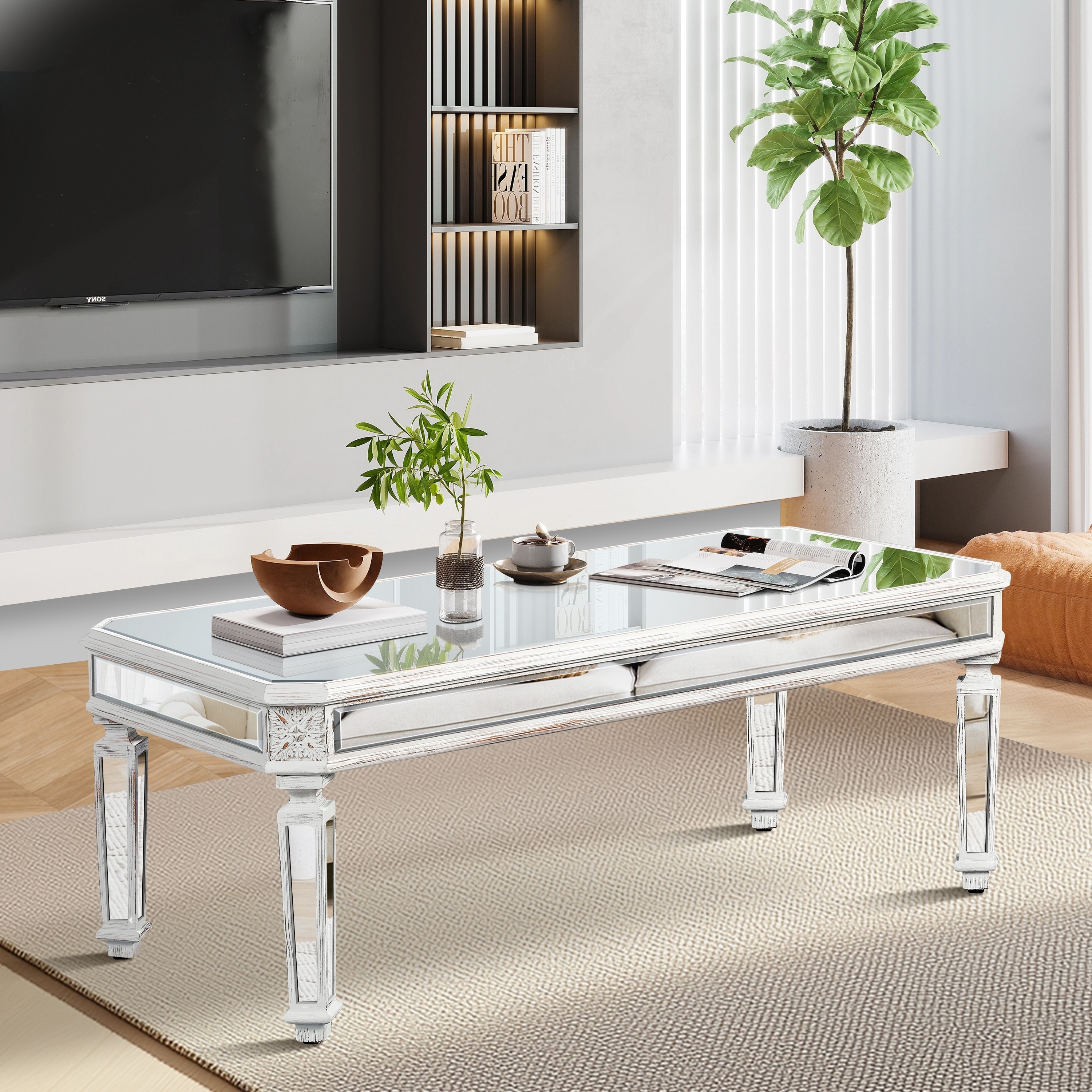Coffee Table: Decorative Corner Motifs Silver Glass Table