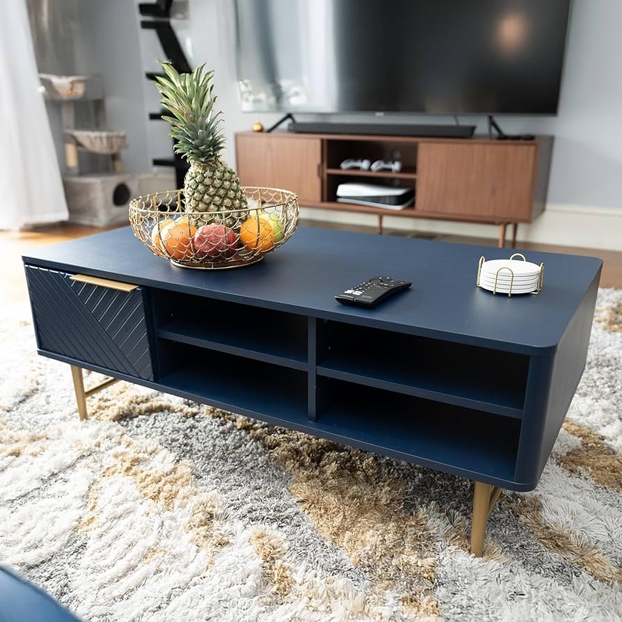 Coffee Table Diagonal Textured Door & Gold Tipped Legs