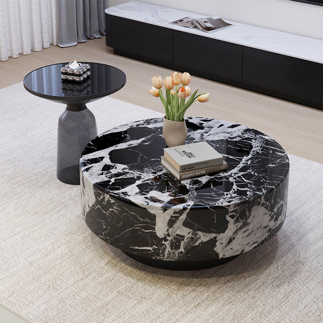 Coffee Table featuring Cylindrical Base and Polished Top