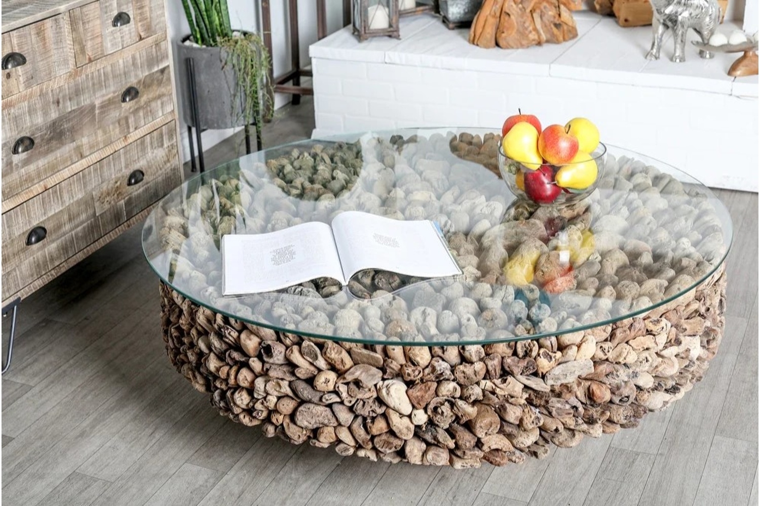 Coffee Table Featuring Stacked Driftwood and Organic Texture