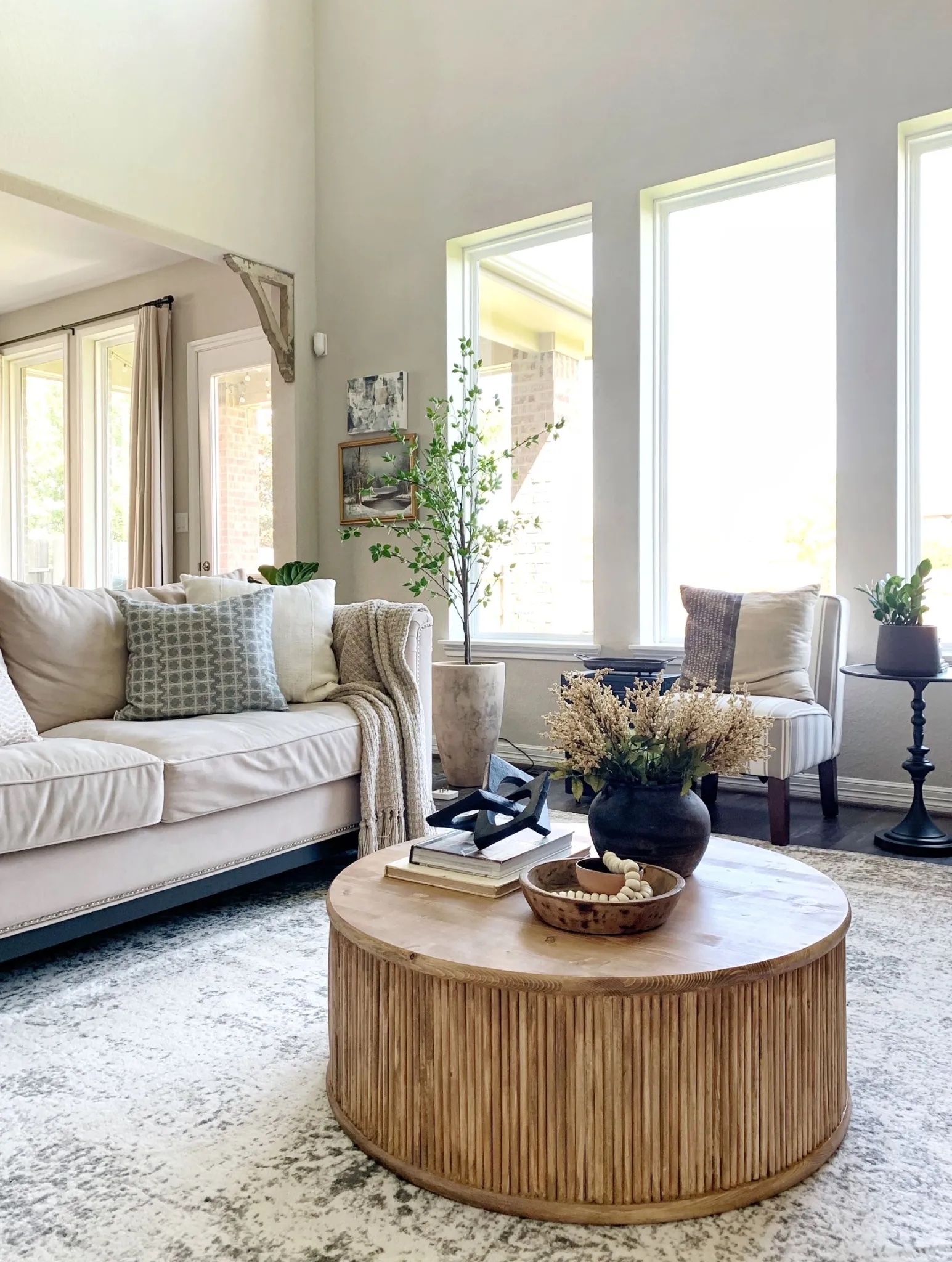 Coffee Table Fluted Drum Silhouette and Light Wood Slats