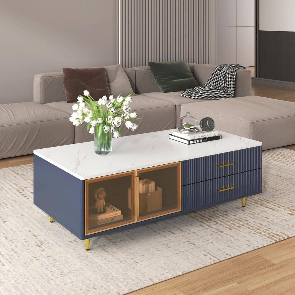 Coffee Table Fluted Ribbed Detail & Marble Look Top