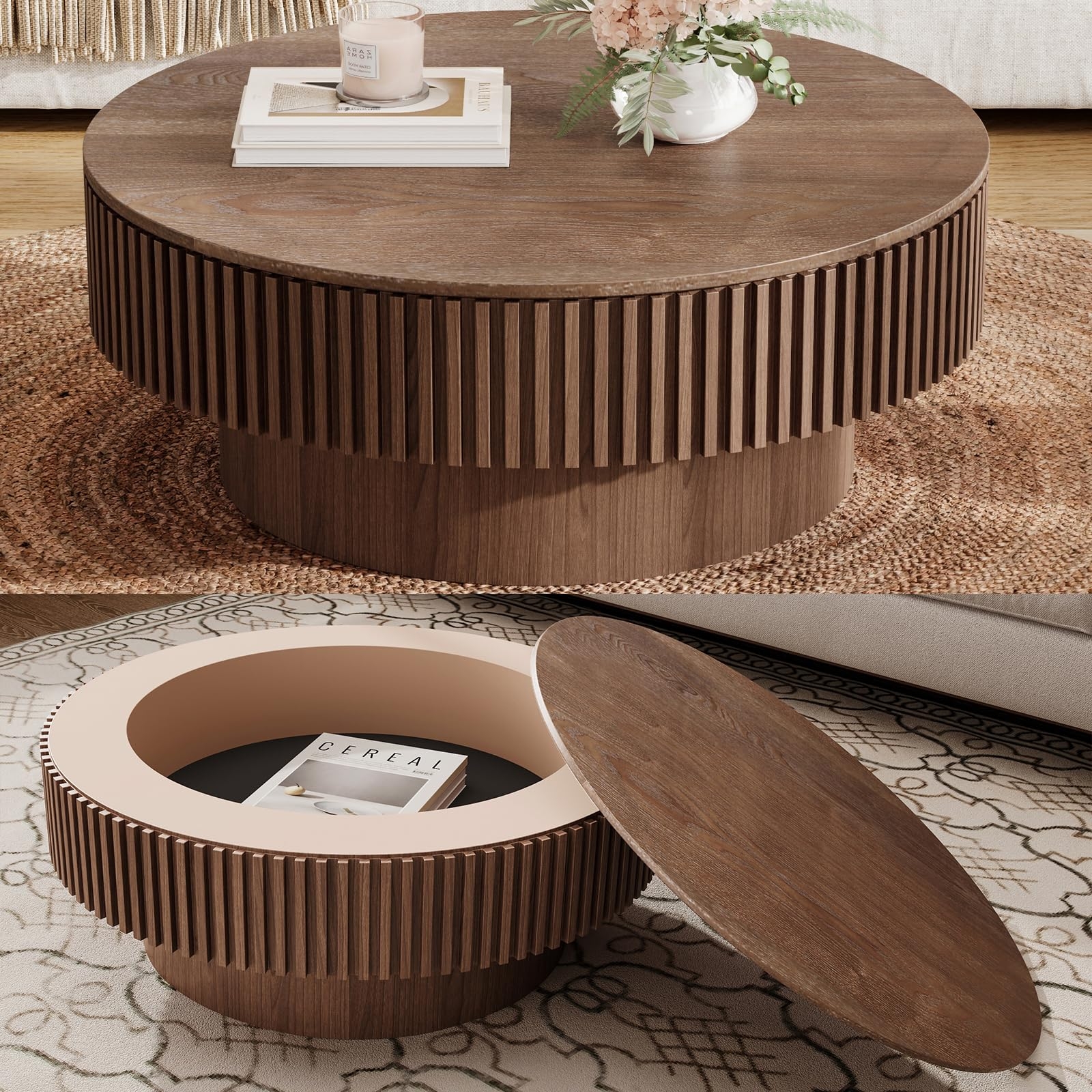 Coffee Table Fluted Texture Hidden Storage Walnut Drum Table
