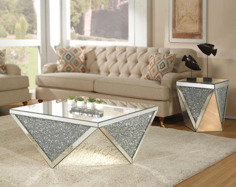 Coffee Table: Geometric Facets and Silver Sparkle Panels