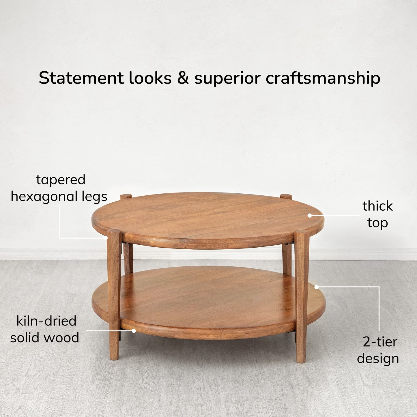 Coffee Table Hexagonal Legs 2-Tier Kiln-Dried Solid Wood