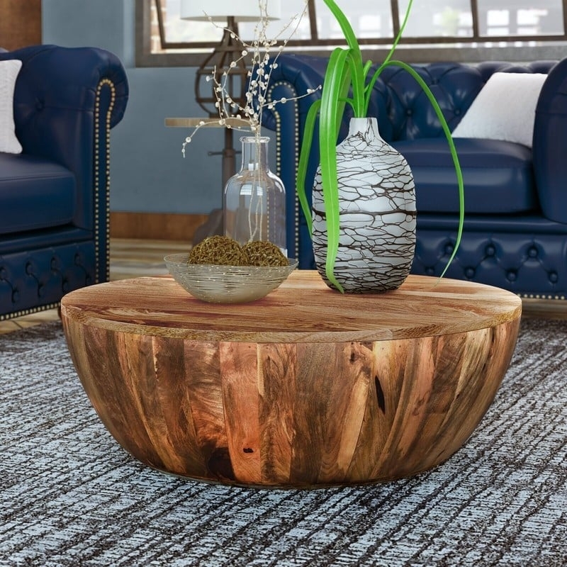Coffee Table Honey Brown Drum Base with Vertical Planking