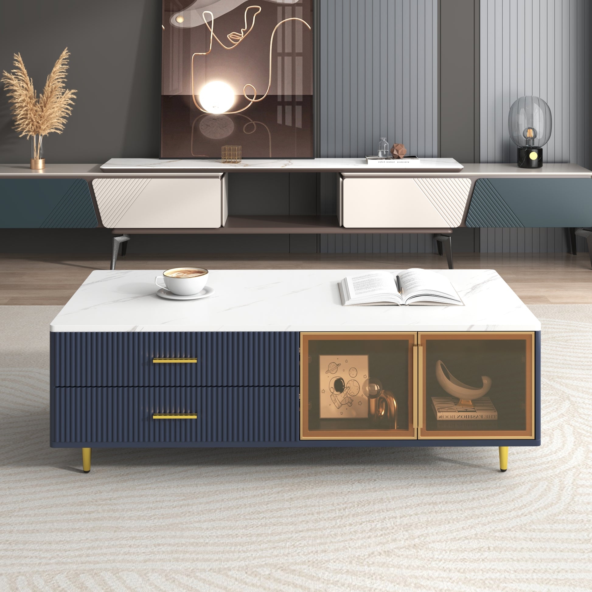 Coffee Table Illuminated Glass Storage & Navy Body