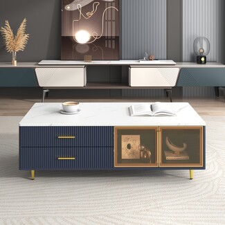 Coffee Table Illuminated Glass Storage & Navy Body