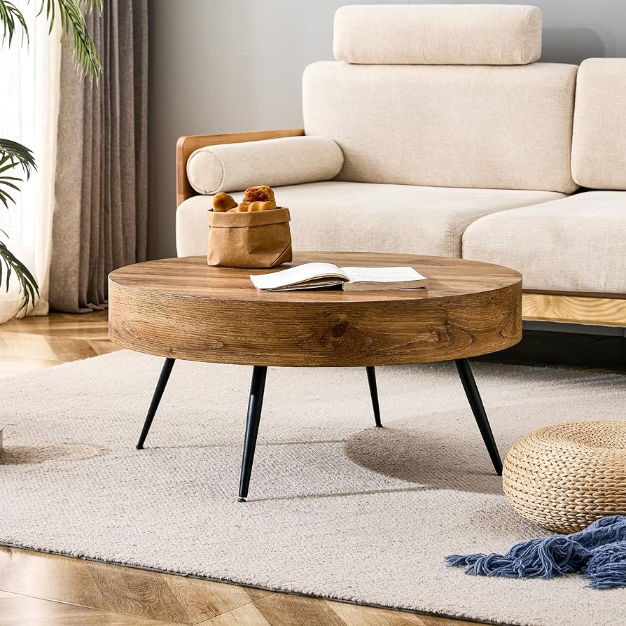 Coffee Table Industrial Thick Wood Grain Top and Tapered Legs