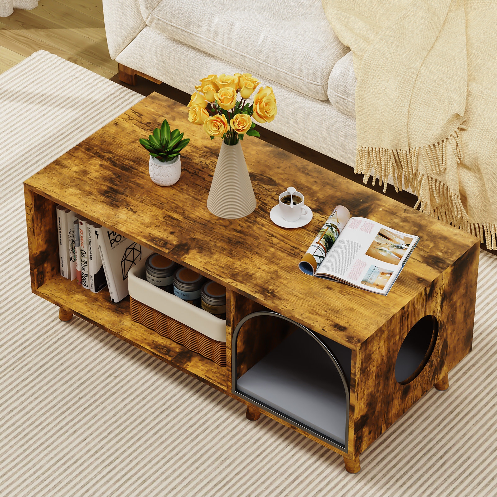 Coffee Table Integrated Pet Bed Mid Century Cat House Table
