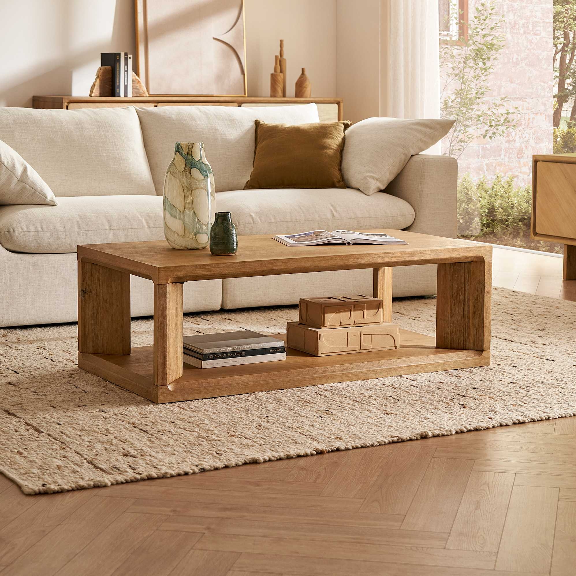 Coffee Table Light Oak Box Silhouette with Open Bottom Shelf