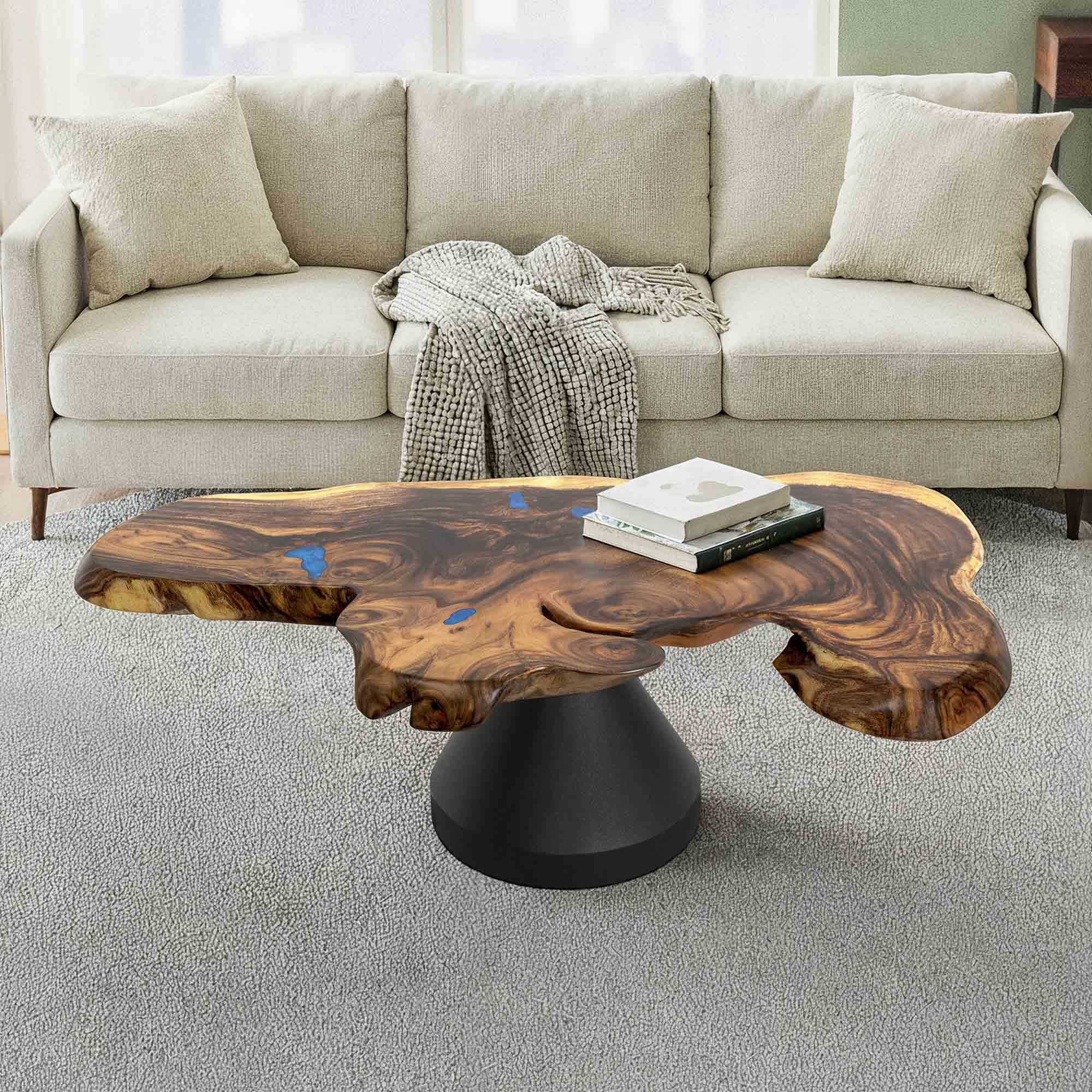 Coffee Table Live Edge Slab with Cobalt Blue Resin Fill