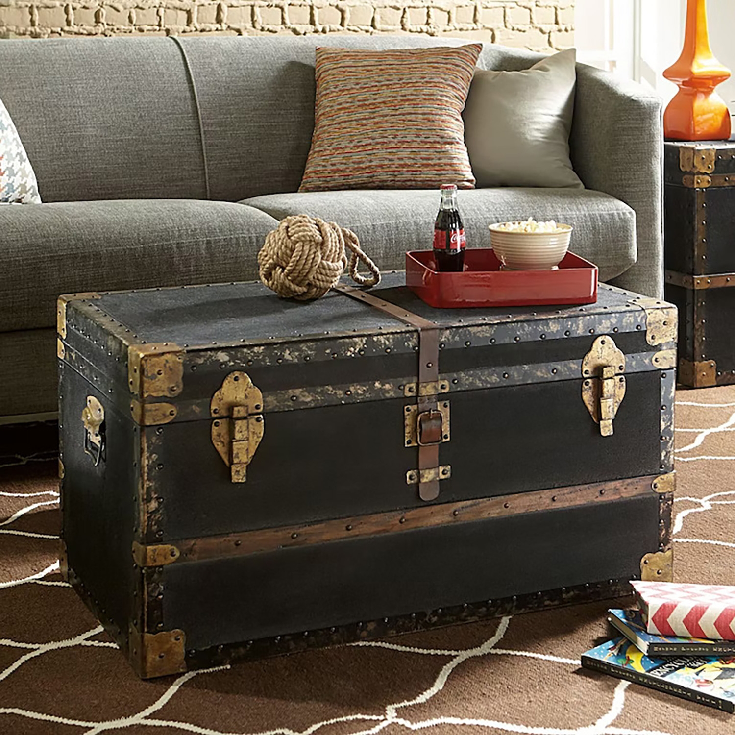 Coffee Table Matte Black Center Strap Buckle Trunk