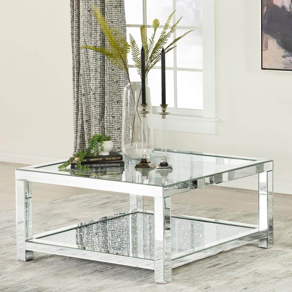 Coffee Table: Mirrored Frame Square Inset Glass Top