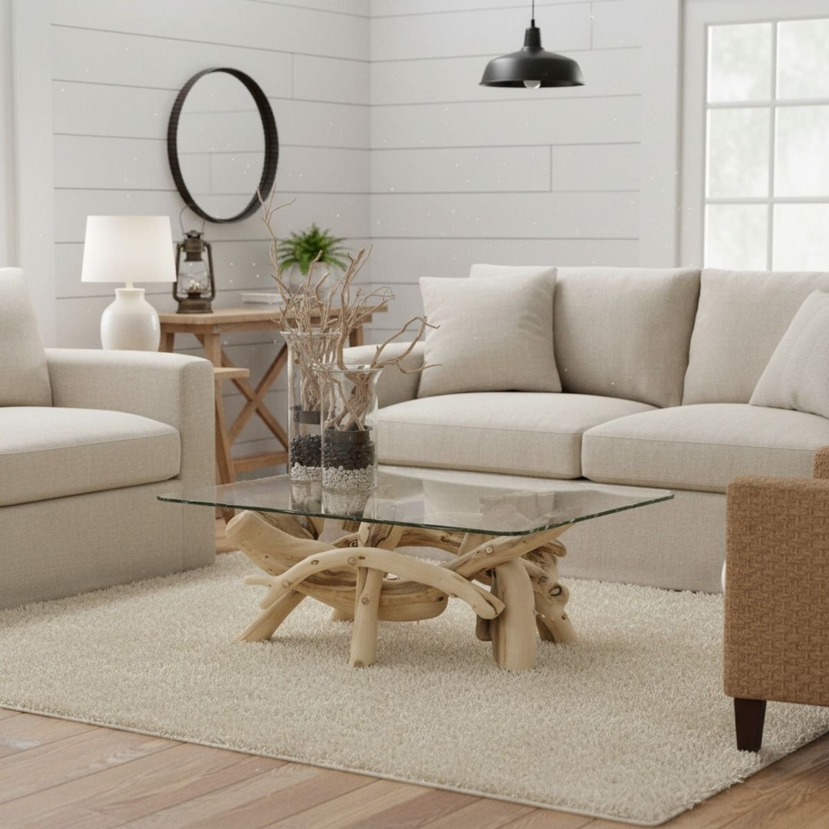 Coffee Table Organic Base with Driftwood Texture Glass Top