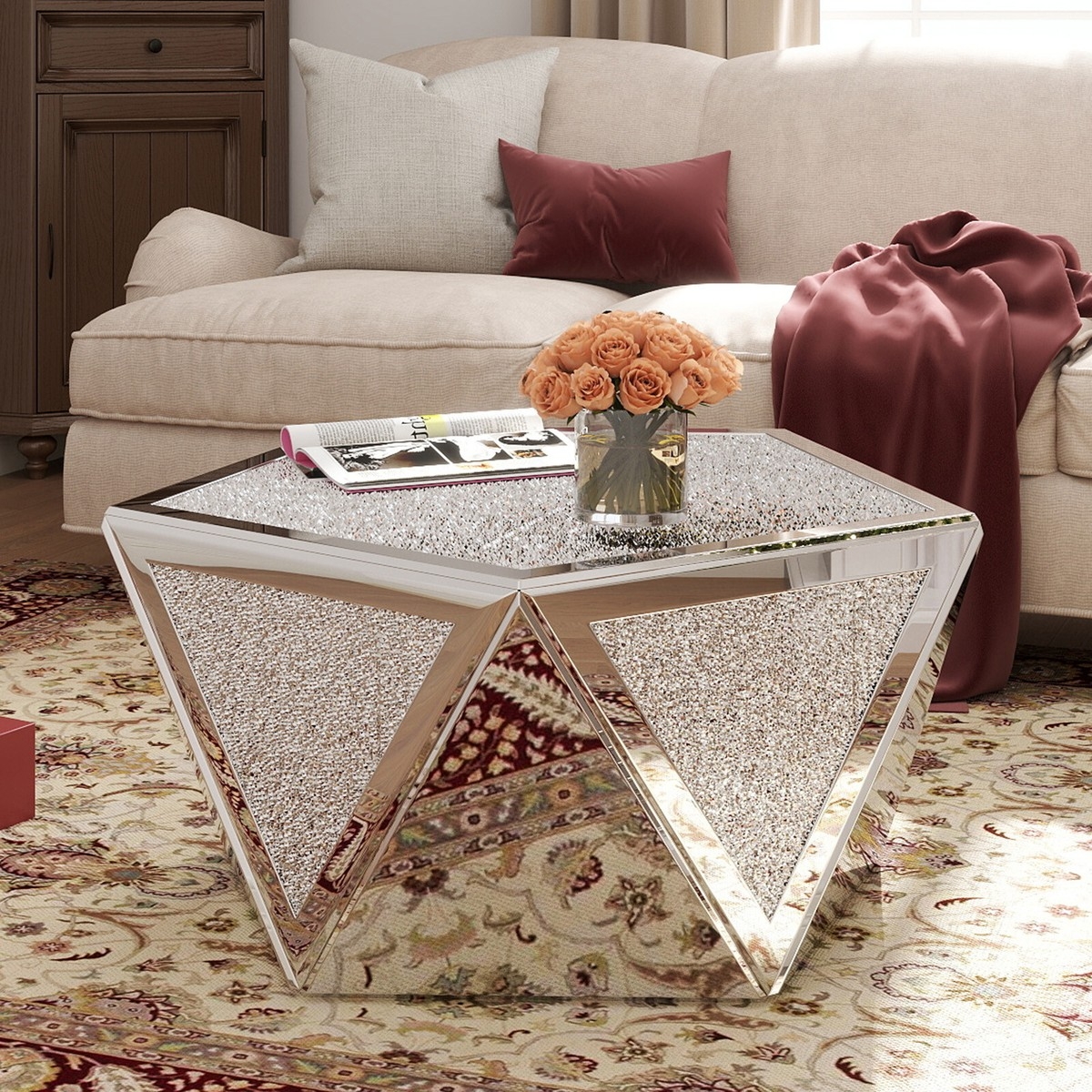Coffee Table: Pentagonal Shape Faceted Mirrored Base