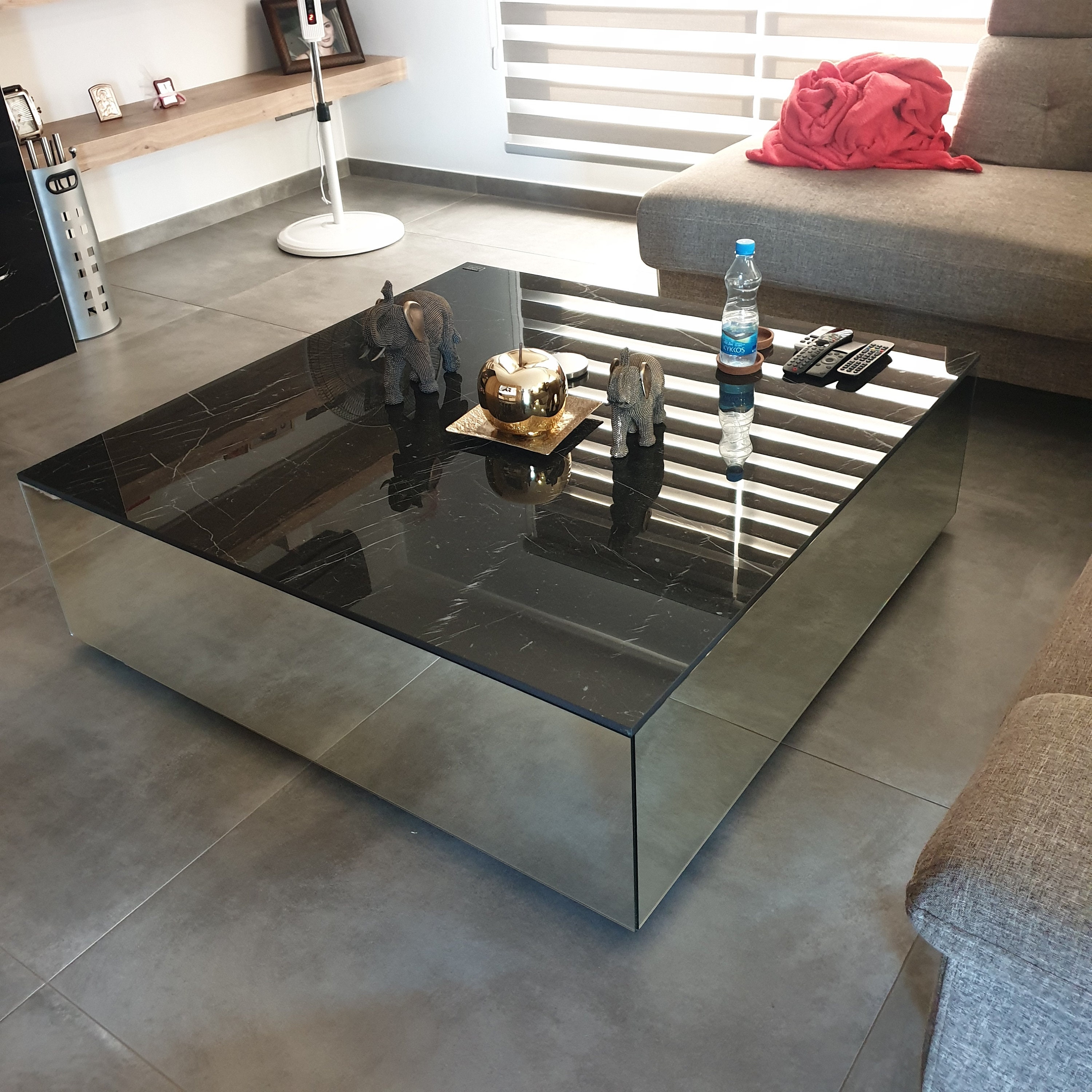 Coffee Table: Porcelain Top with Mirrored Base Block