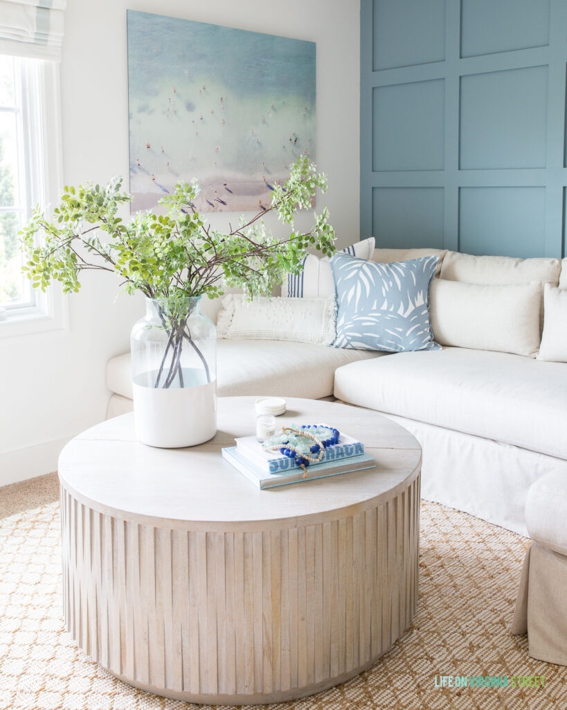 Coffee Table Round Fluted Base in Whitewashed Finish
