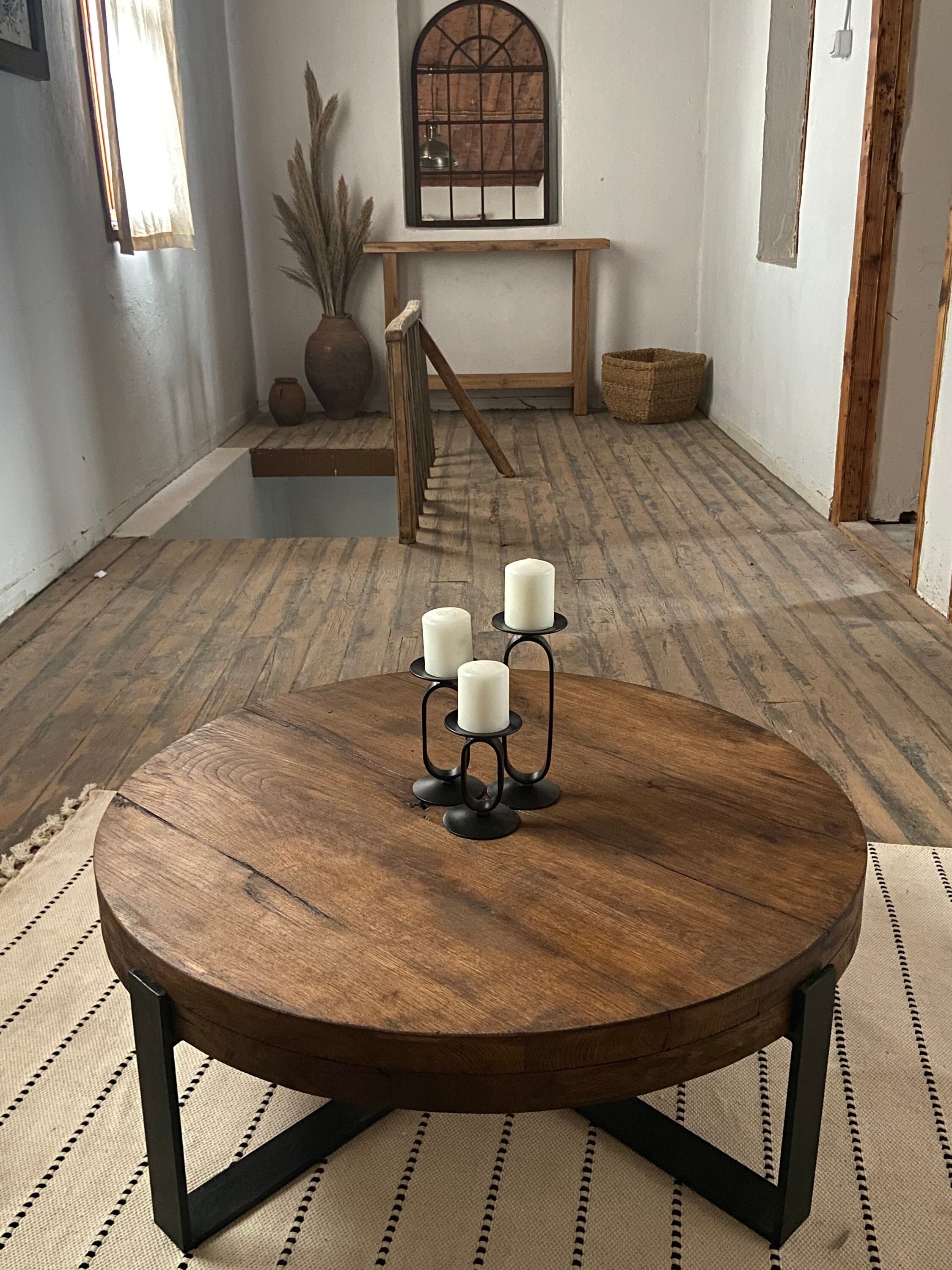 Coffee Table Round Oak Thick Top with Metal Cross Base
