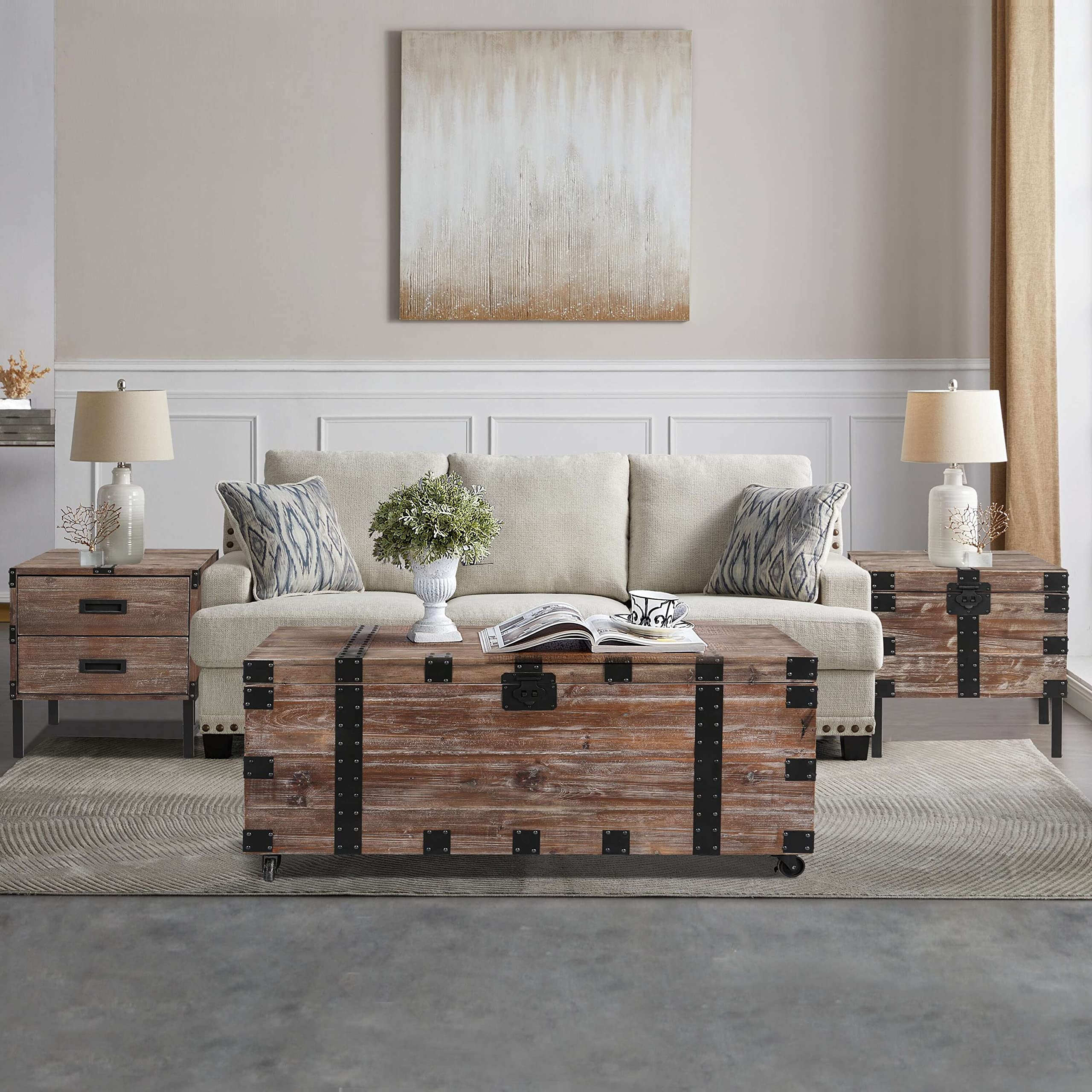 Coffee Table Set Rolling Casters Trunk Cocktail Set