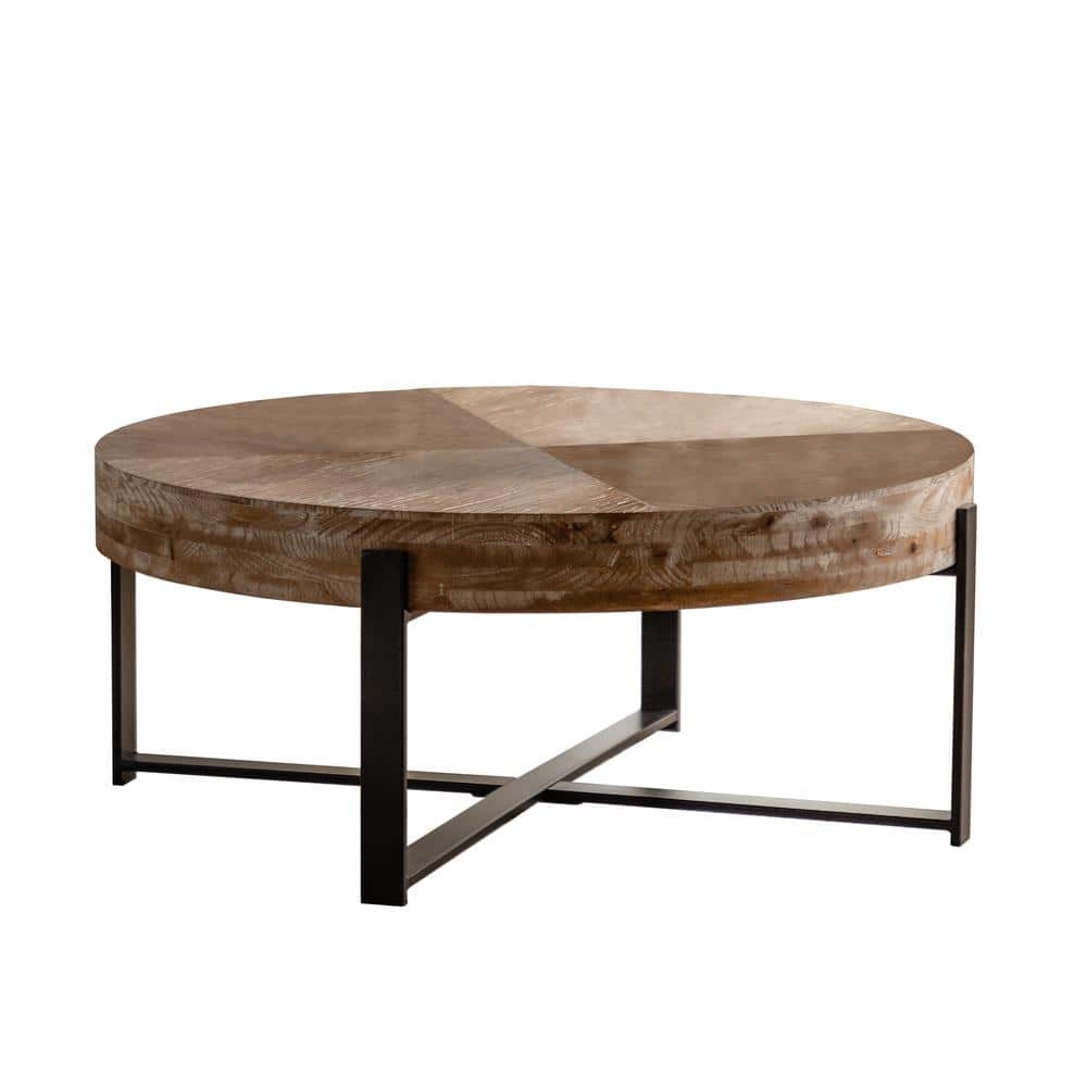 Coffee Table Spliced Fir Wood Top and Black Cross-Base Table