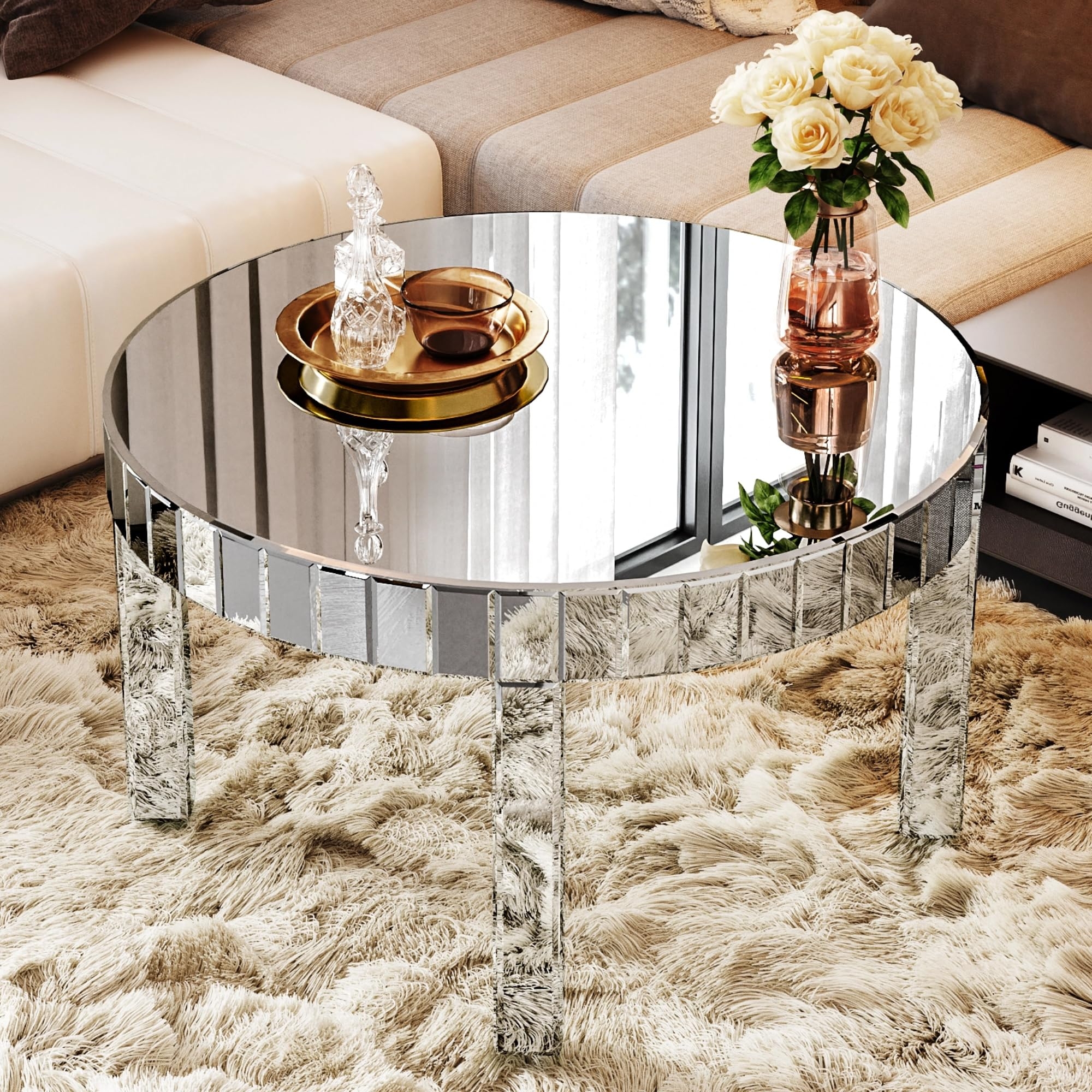 Coffee Table: Starburst Mosaic Apron Round Mirror Design