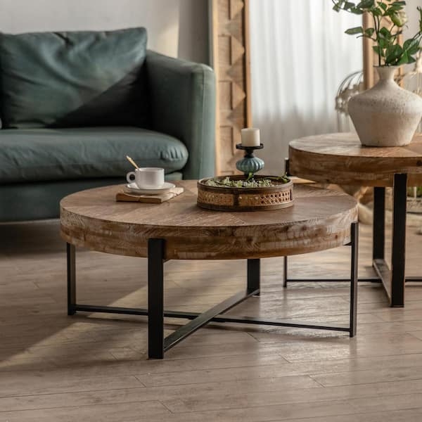Coffee Table Thick Spliced Top with Architectural Cross Leg Base