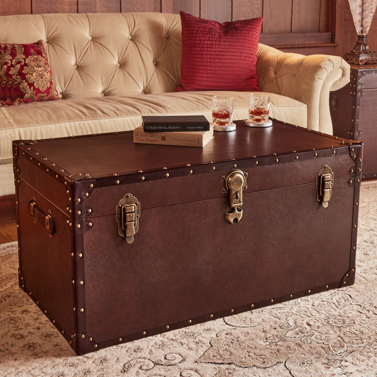 Coffee Table Trunk with Nailhead Trim Leather Table