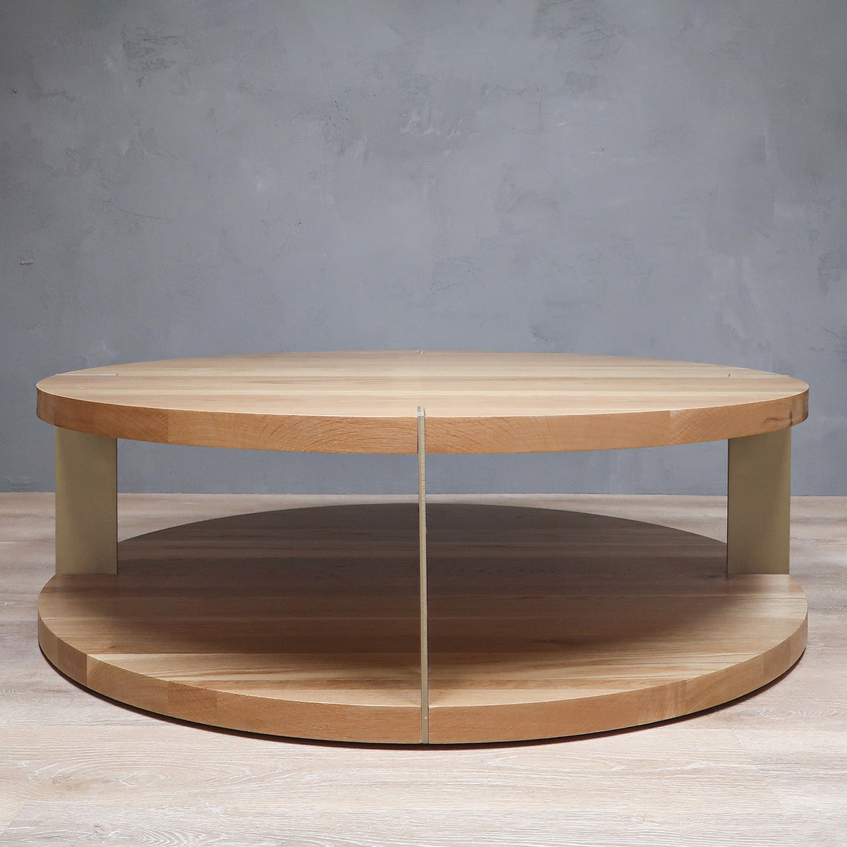 Coffee Table Two Tier Round Oak with Champagne Gold Accents