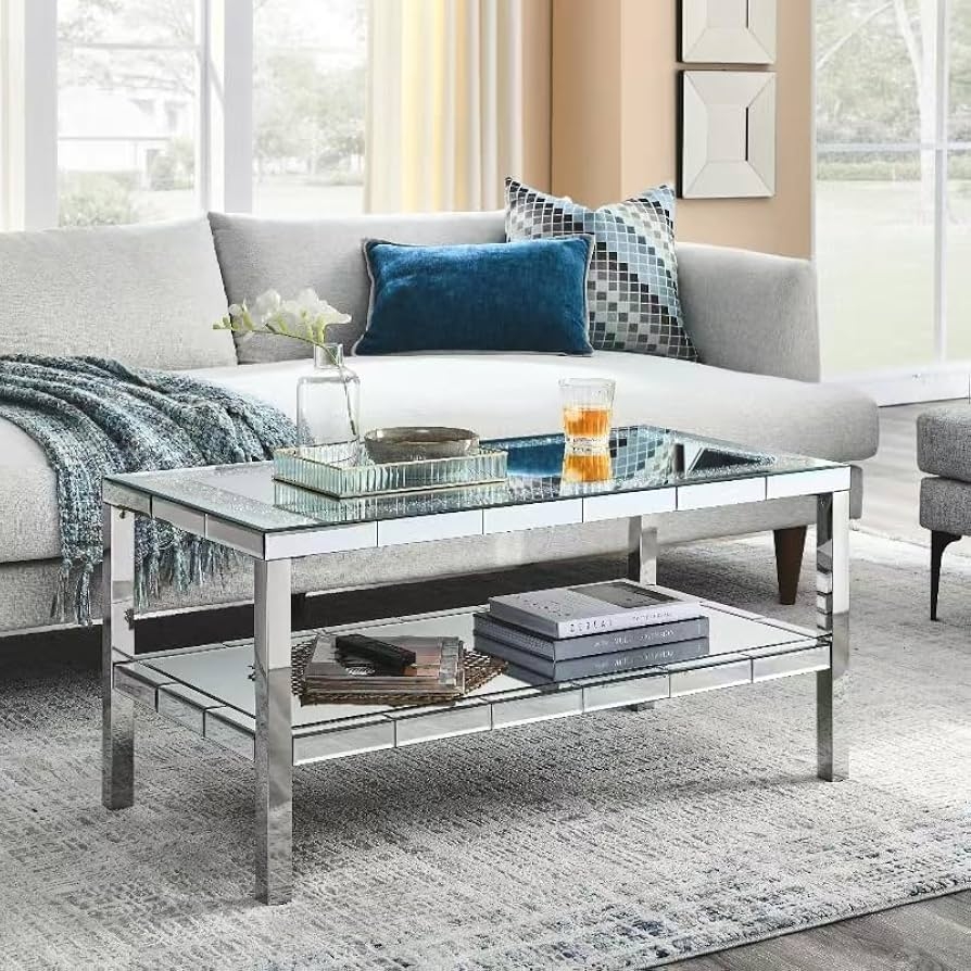 Coffee Table: Two Tier Silver Reflective Glass Shelf Table