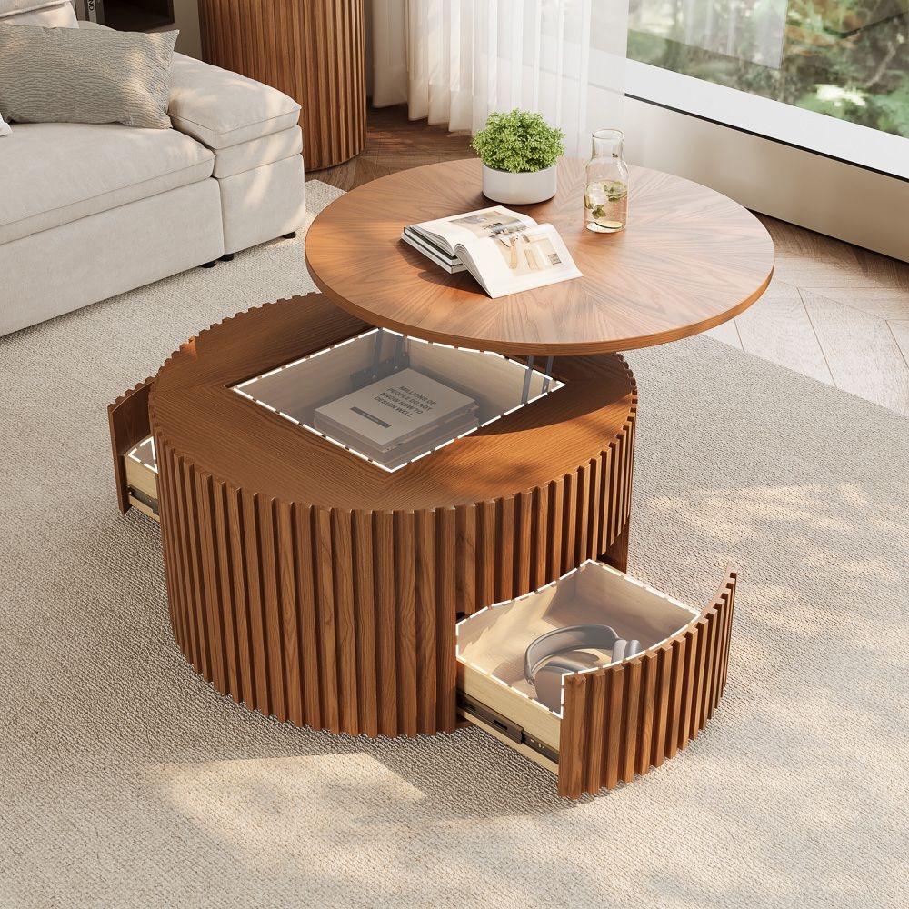 Coffee Table Walnut Lift Top with Curved Storage Drawers