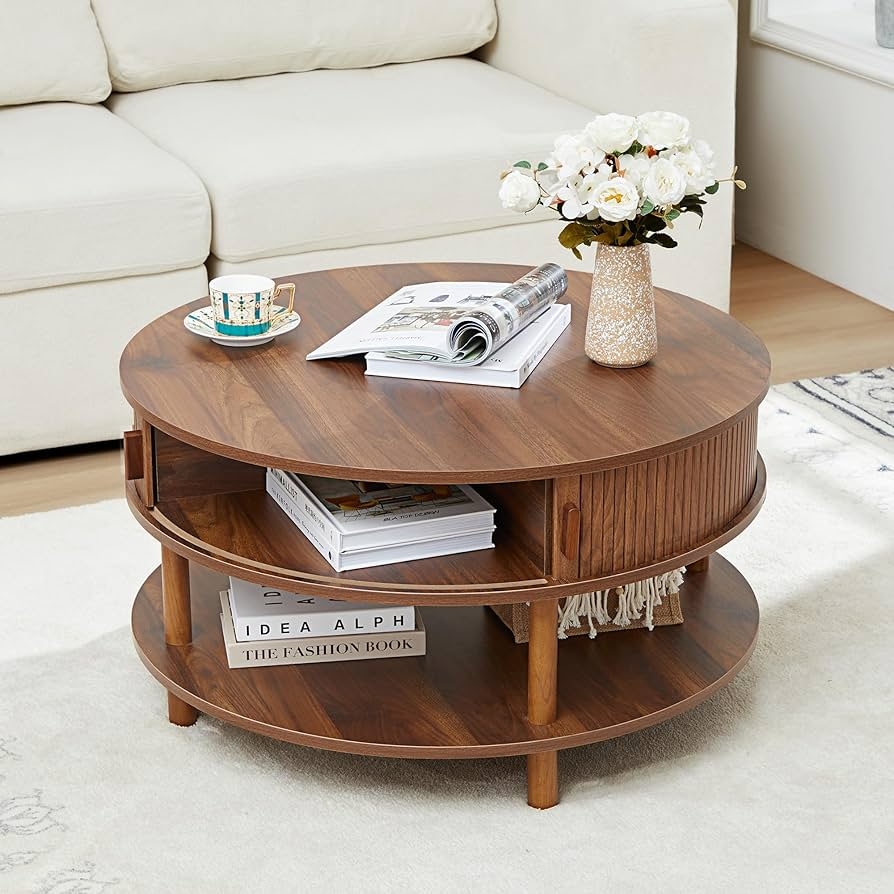 Coffee Table Walnut Tambour Sliding Door Two Tier Round Table