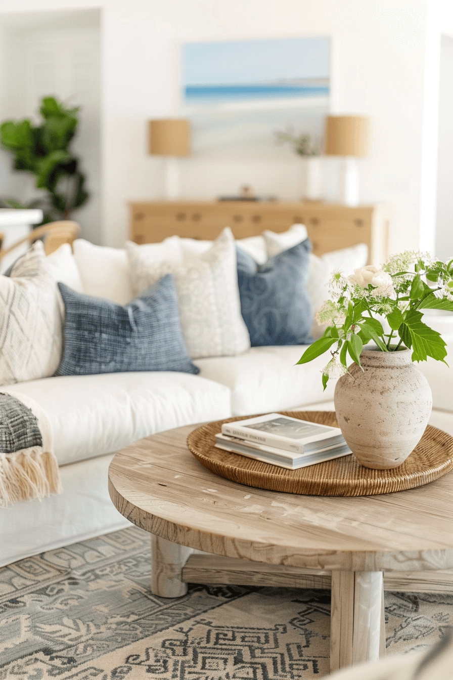 Coffee Table Weathered Wood Texture with Round Woven Tray