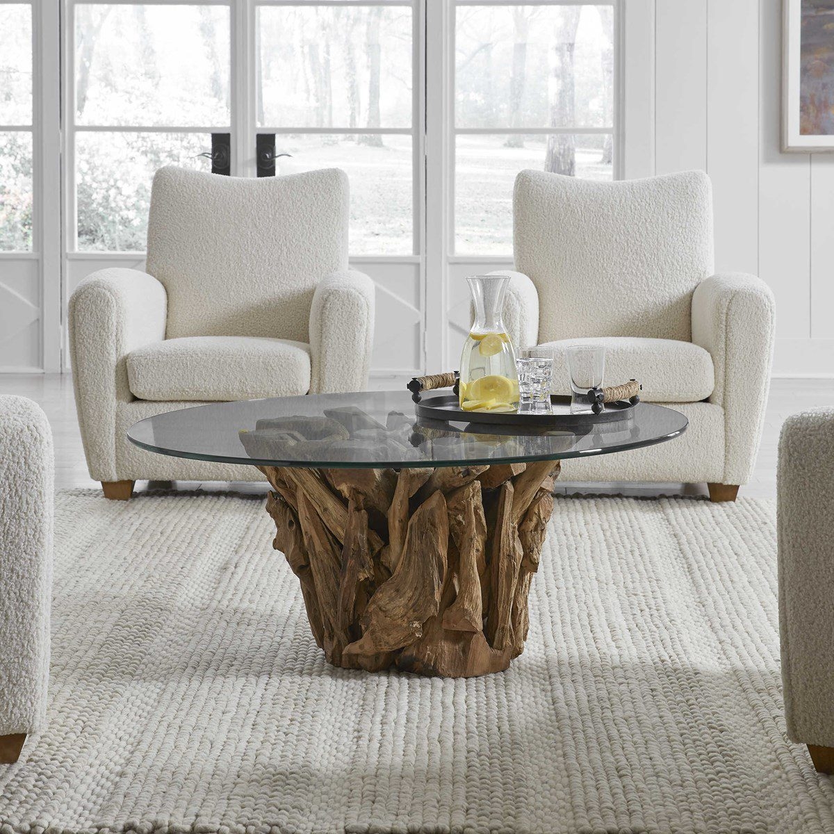 Coffee Table with Circular Glass Top and Sculptural Pedestal