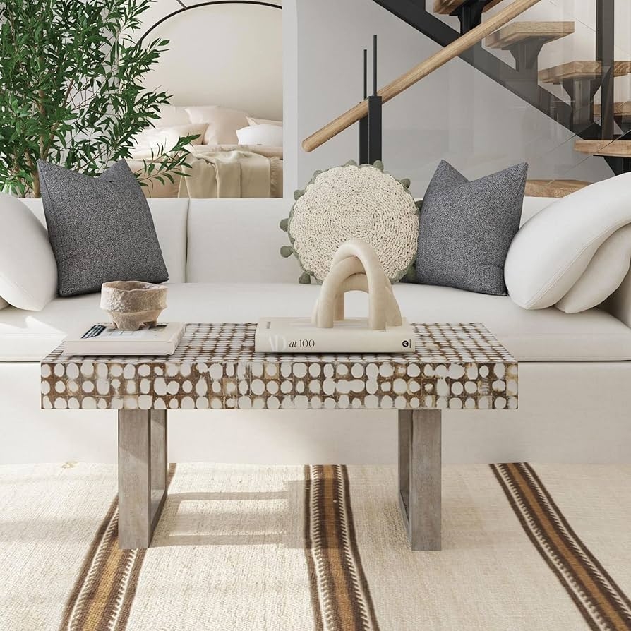 Coffee Table with Coconut Shell Inlay Handmade Texture