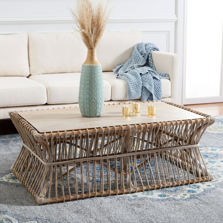 Coffee Table with Flared Rattan Base Hourglass Silhouette