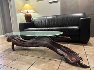 Coffee Table with Irregular Glass Top and Dark Wood Tones