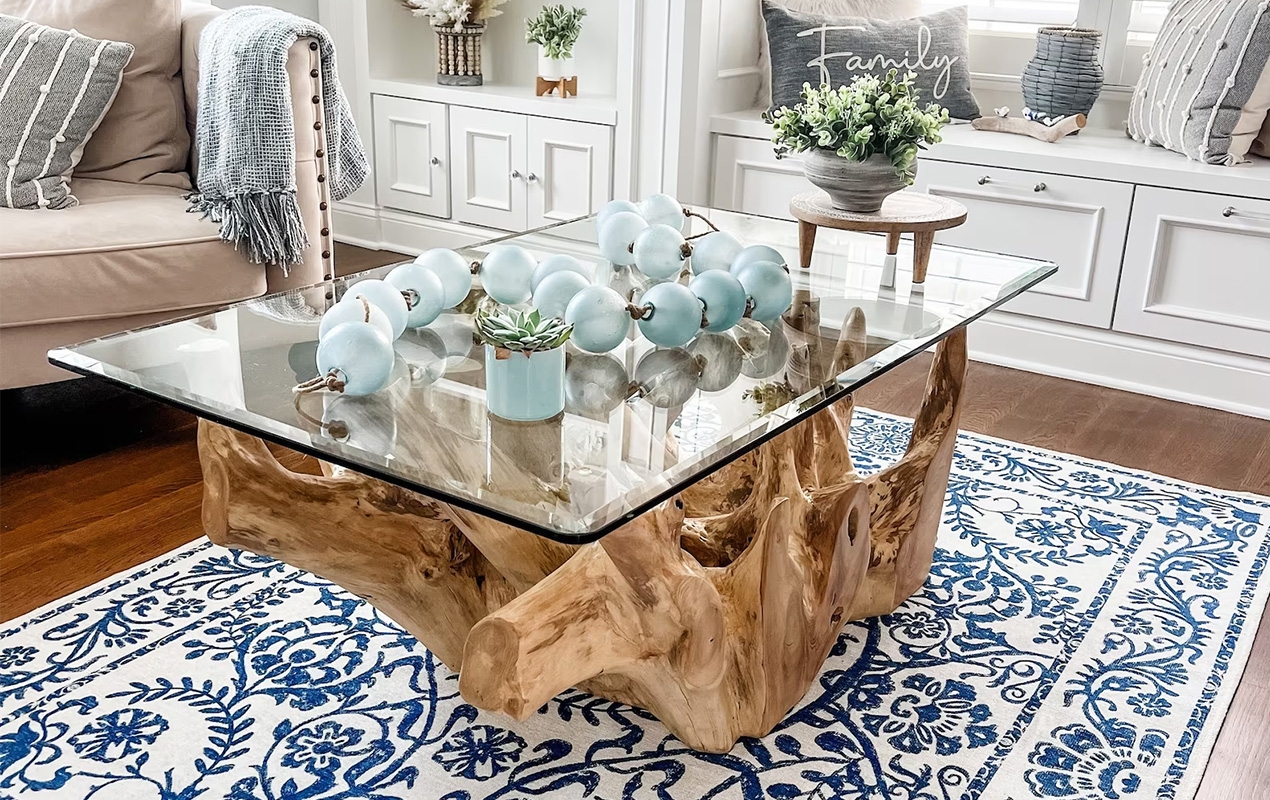 Coffee Table with Organic Root Base and Tempered Glass Top