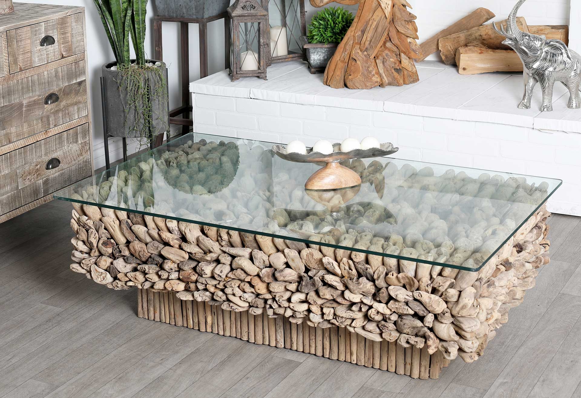 Coffee Table with Slatted Plinth and Rectangular Organic Wood